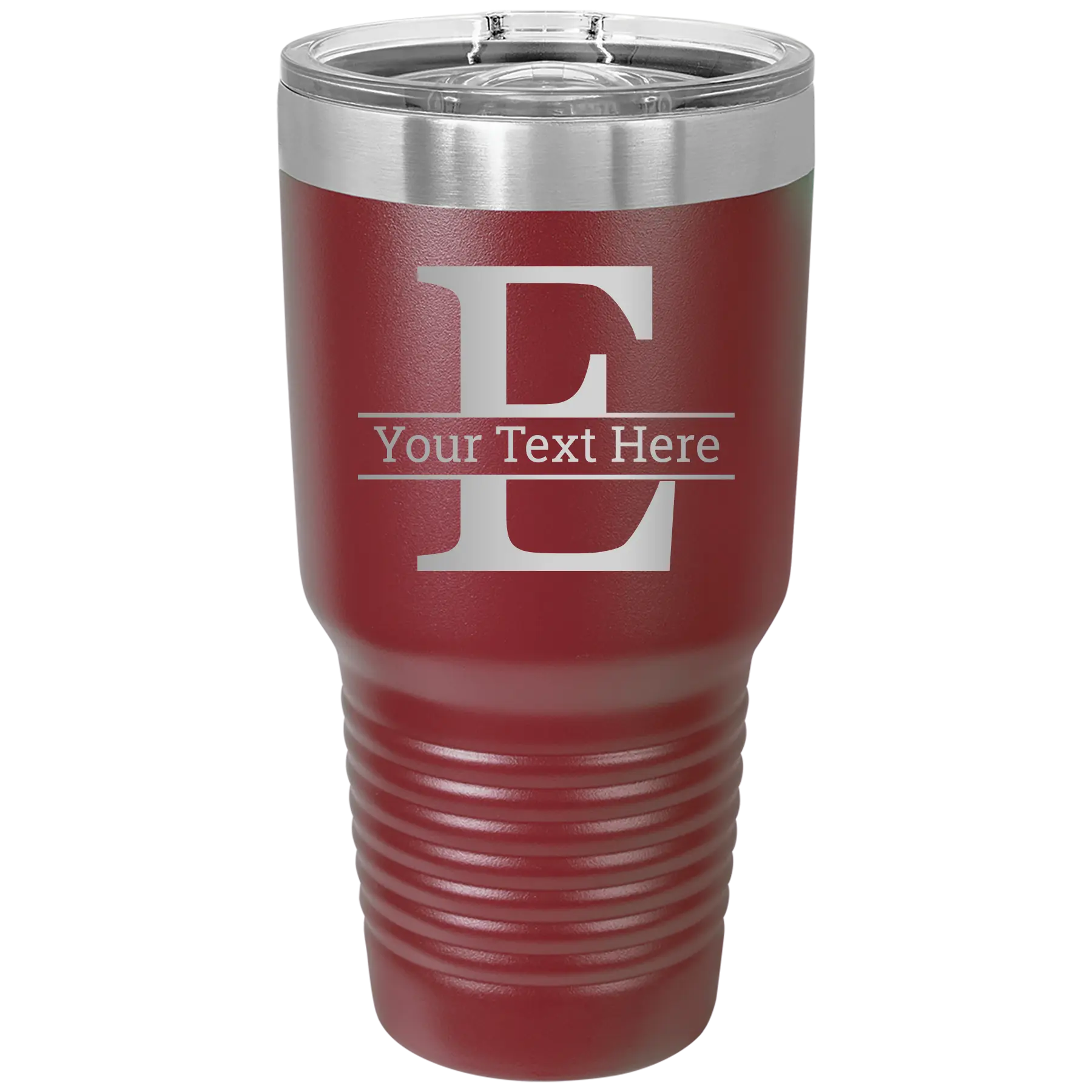 Personalized maroon 30 oz vacuum insulated tumbler with 'Monogram letter E' design
