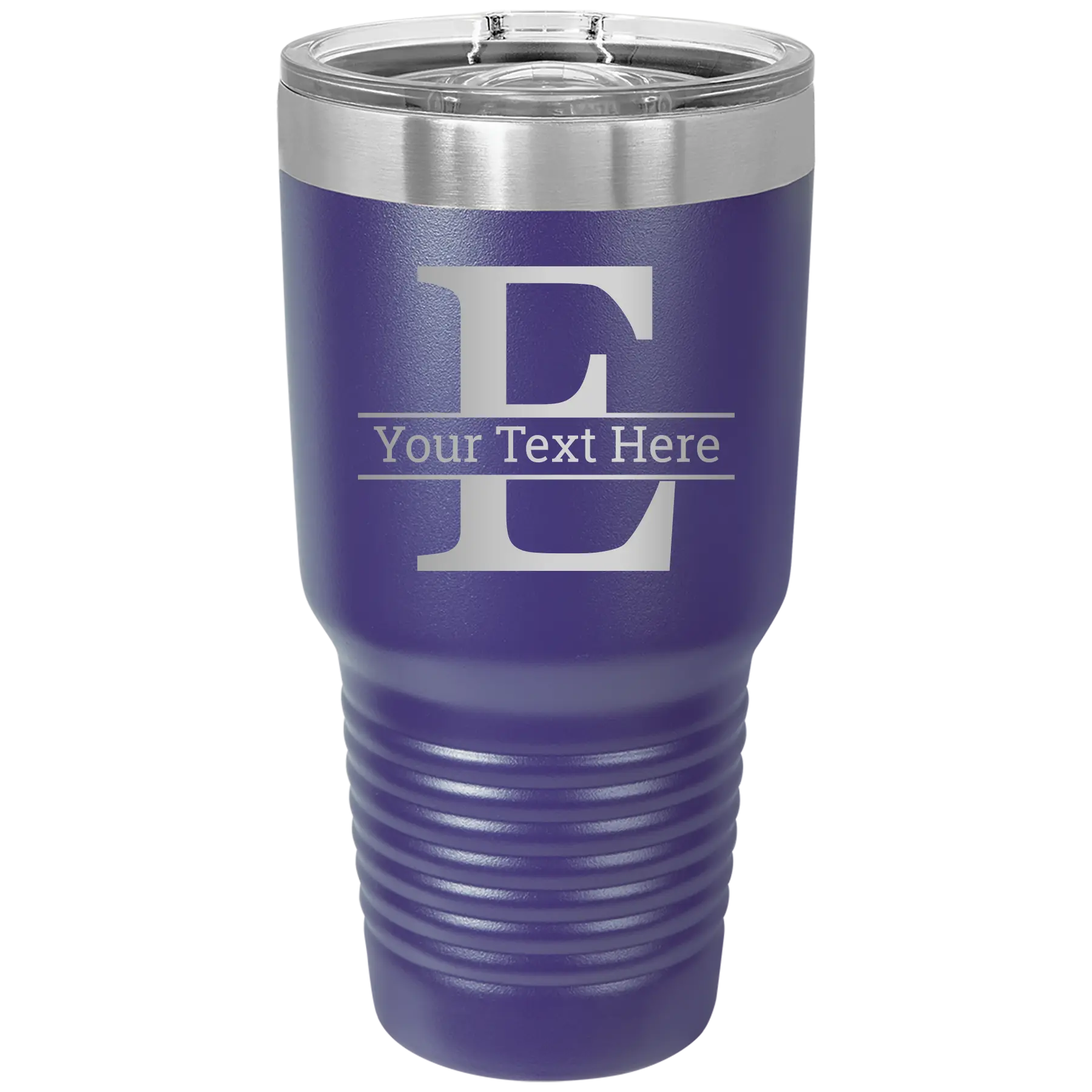 Personalized purple 30 oz vacuum insulated tumbler with 'Monogram letter E' design