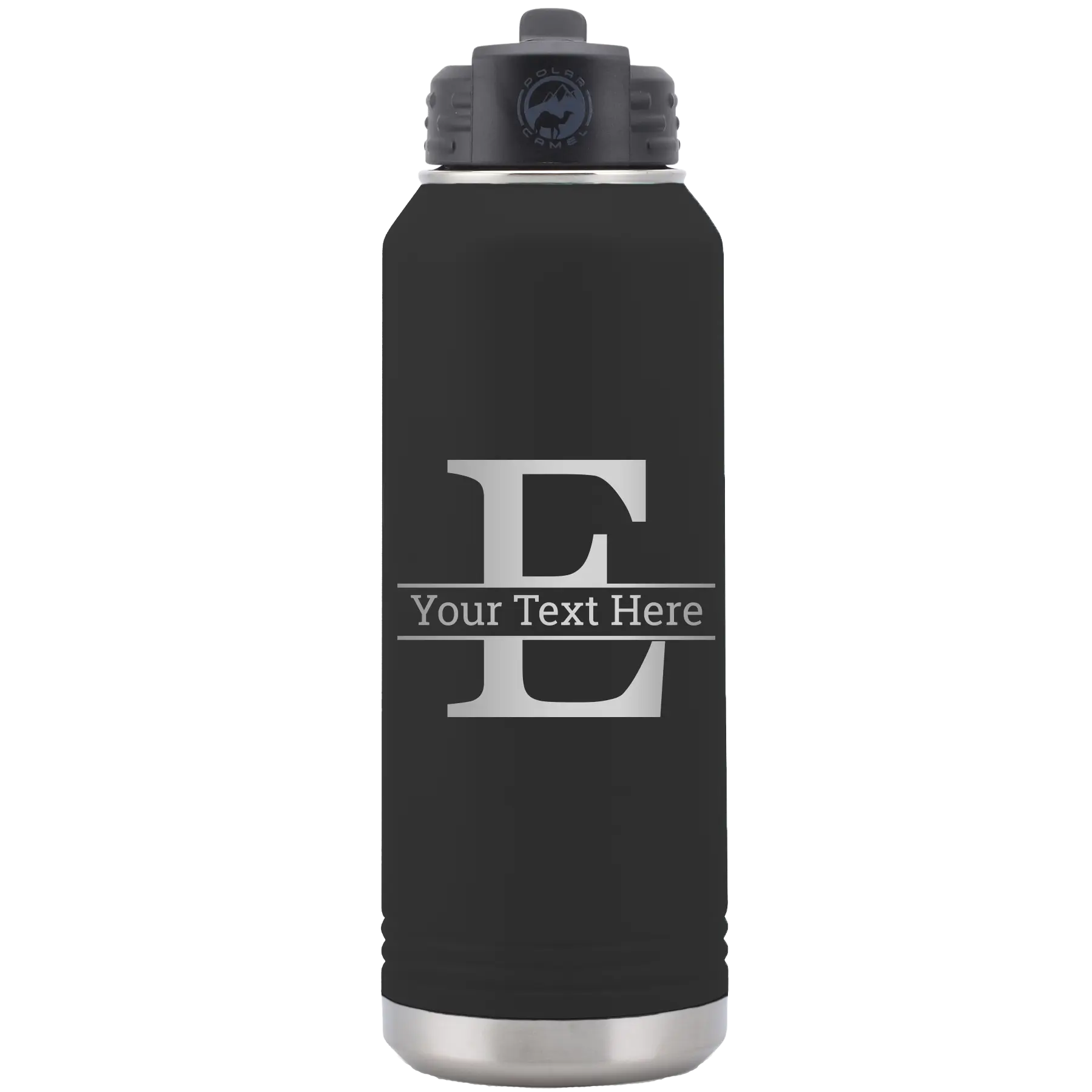 Personalized black 32 oz vacuum insulated water bottle with 'Monogram letter E' design