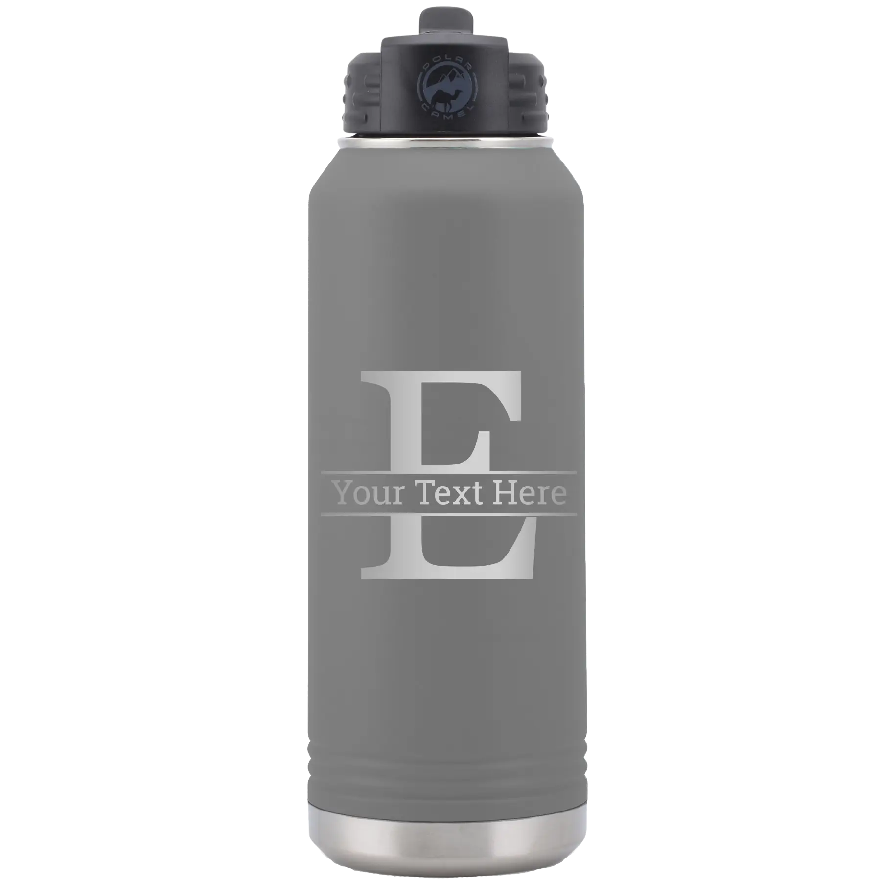 Personalized dark gray 32 oz vacuum insulated water bottle with 'Monogram letter E' design