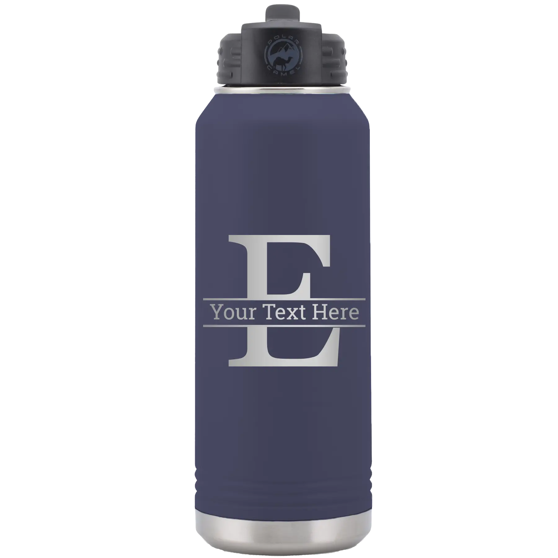 Personalized navy 32 oz vacuum insulated water bottle with 'Monogram letter E' design
