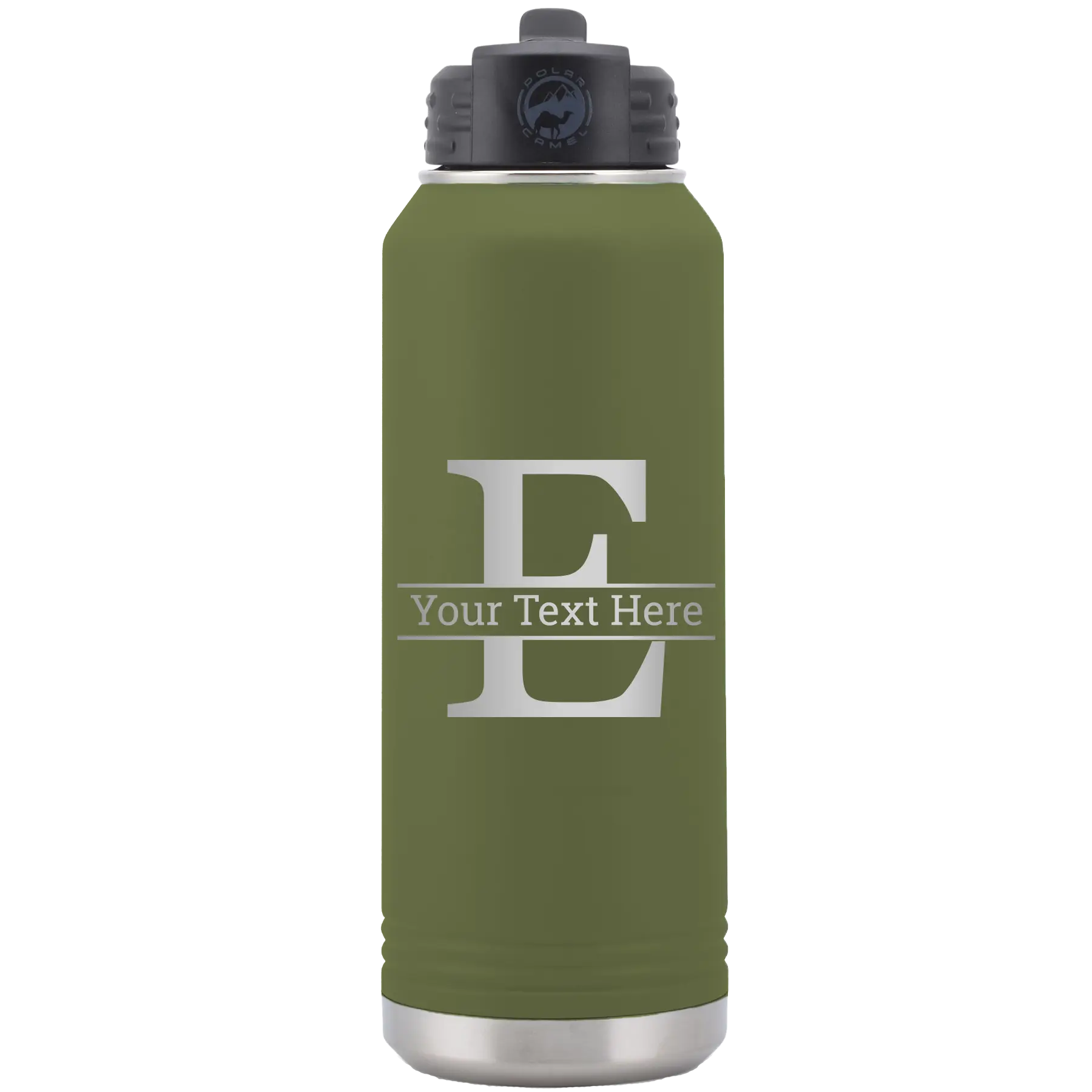Personalized olive green 32 oz vacuum insulated water bottle with 'Monogram letter E' design