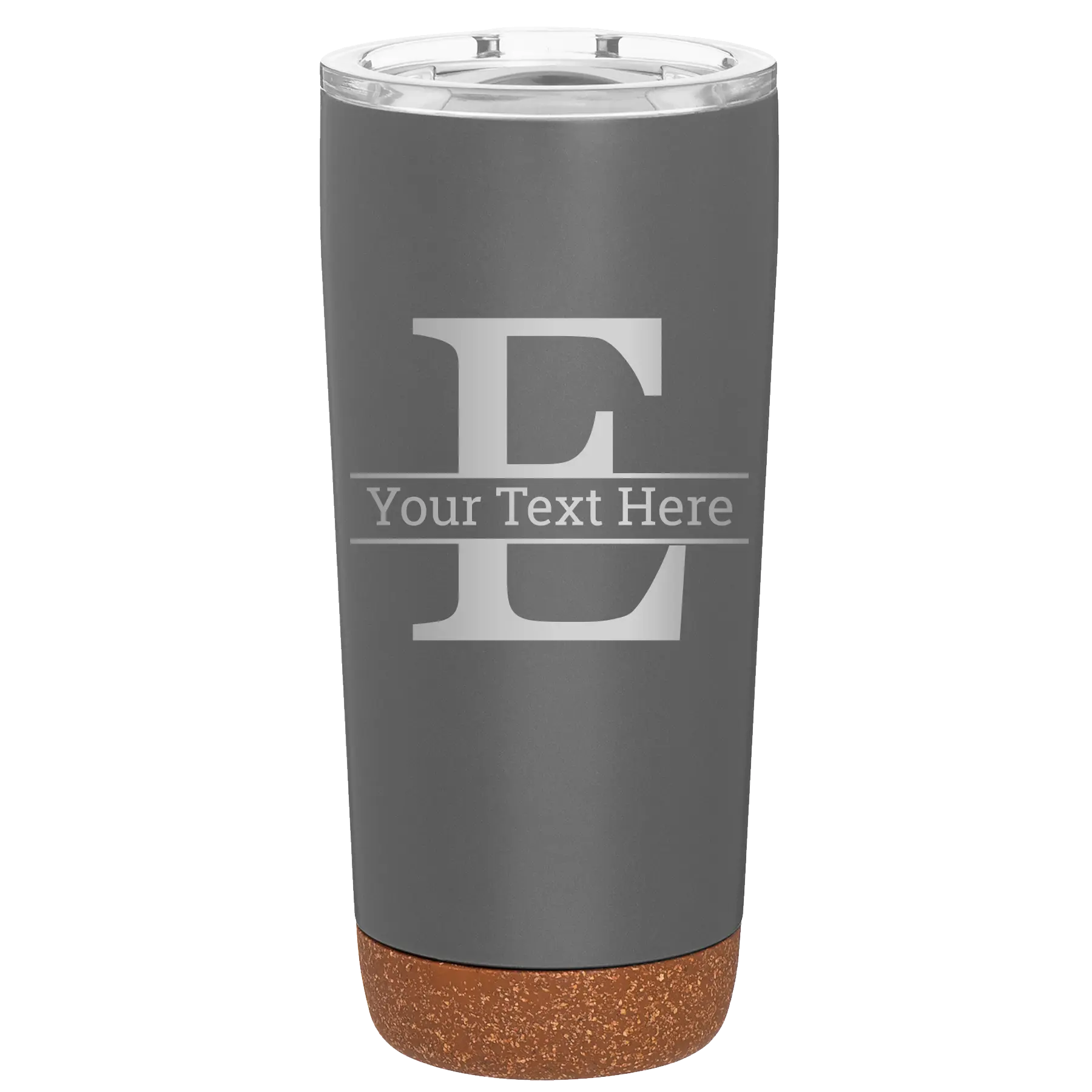 Personalized storm gray 20 oz vacuum insulated tumbler with 'Monogram letter E' design