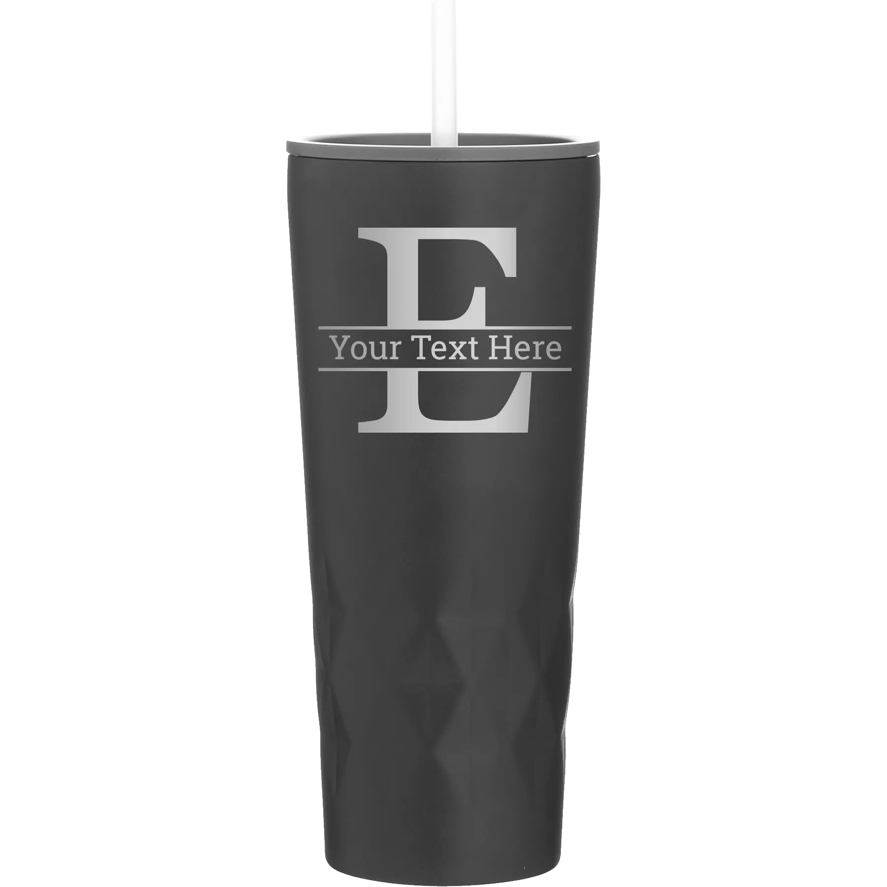 Personalized black 20 oz vacuum insulated tumbler with 'Monogram letter E' design