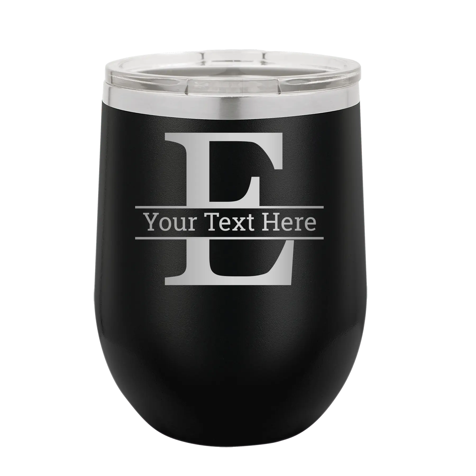 Personalized black 12 oz vacuum insulated wine cup with 'Monogram letter E' design