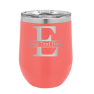 Personalized coral 12 oz vacuum insulated wine cup with 'Monogram letter E' design