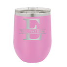 Personalized light purple 12 oz vacuum insulated wine cup with 'Monogram letter E' design