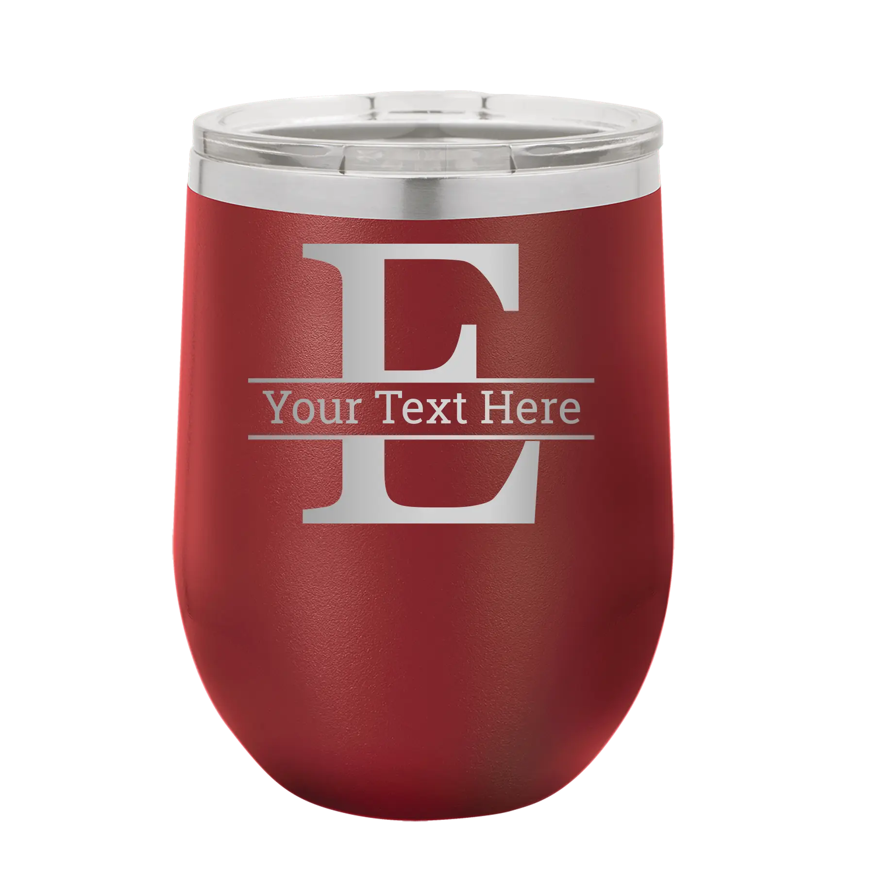 Personalized maroon 12 oz vacuum insulated wine cup with 'Monogram letter E' design