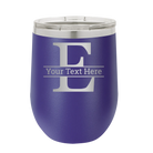 Personalized purple 12 oz vacuum insulated wine cup with 'Monogram letter E' design