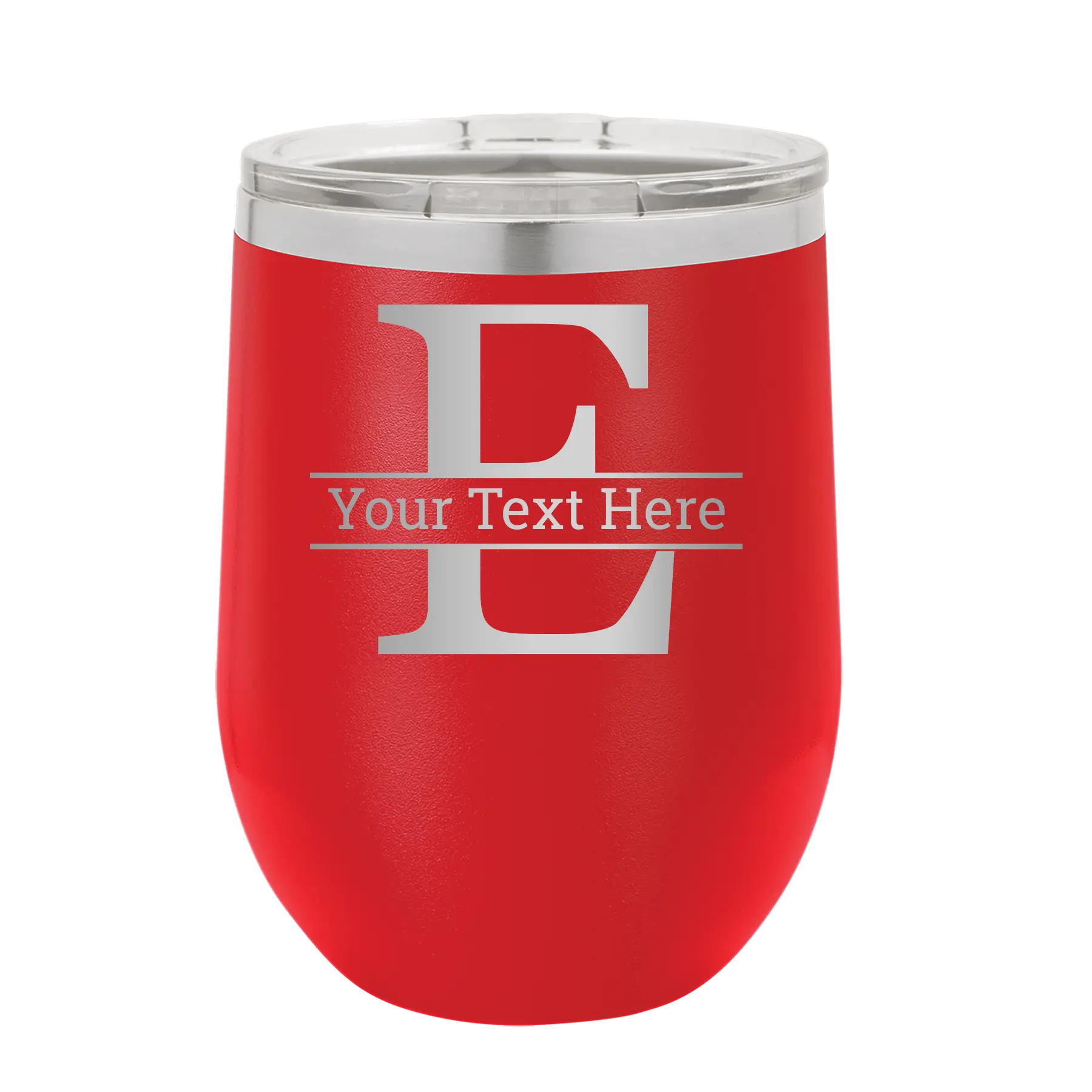 Personalized red 12 oz vacuum insulated wine cup with 'Monogram letter E' design