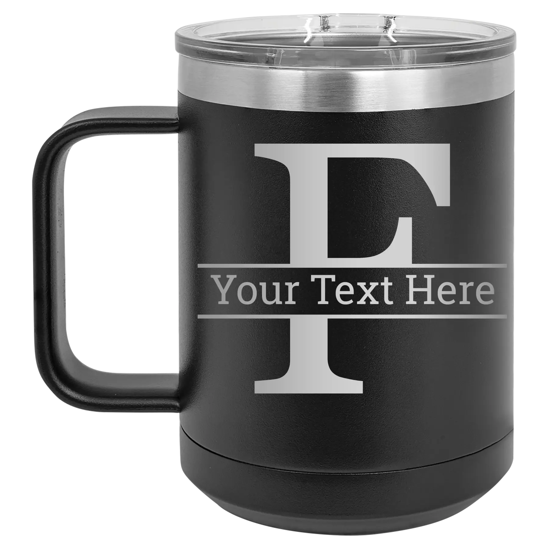 Personalized black 15 oz vacuum insulated coffee mug with 'Monogram letter F' design