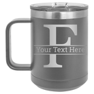 Personalized dark gray 15 oz vacuum insulated coffee mug with 'Monogram letter F' design