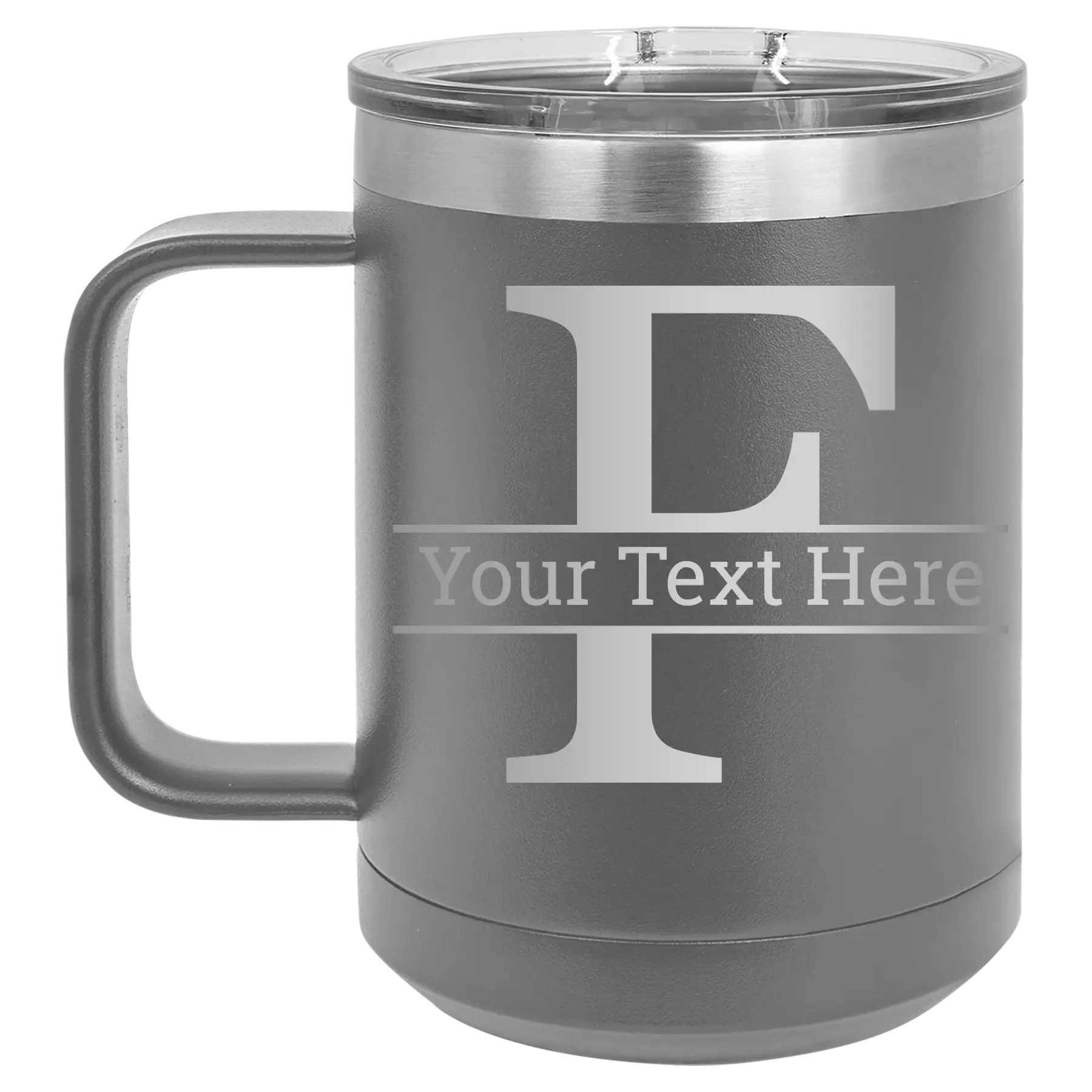 Personalized dark gray 15 oz vacuum insulated coffee mug with 'Monogram letter F' design