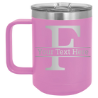 Personalized light purple 15 oz vacuum insulated coffee mug with 'Monogram letter F' design
