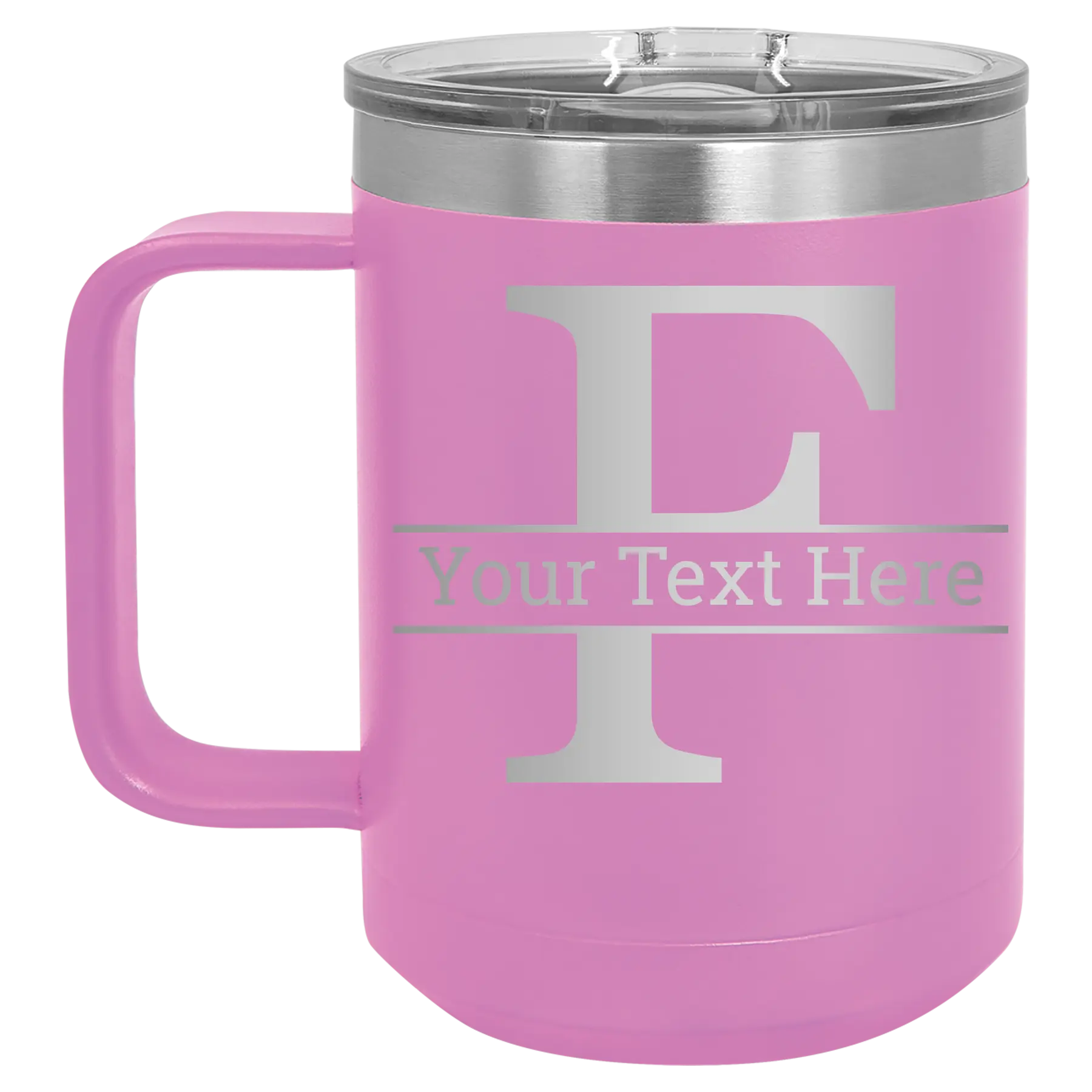 Personalized light purple 15 oz vacuum insulated coffee mug with 'Monogram letter F' design