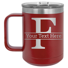 Personalized maroon 15 oz vacuum insulated coffee mug with 'Monogram letter F' design
