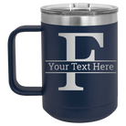 Personalized navy 15 oz vacuum insulated coffee mug with 'Monogram letter F' design