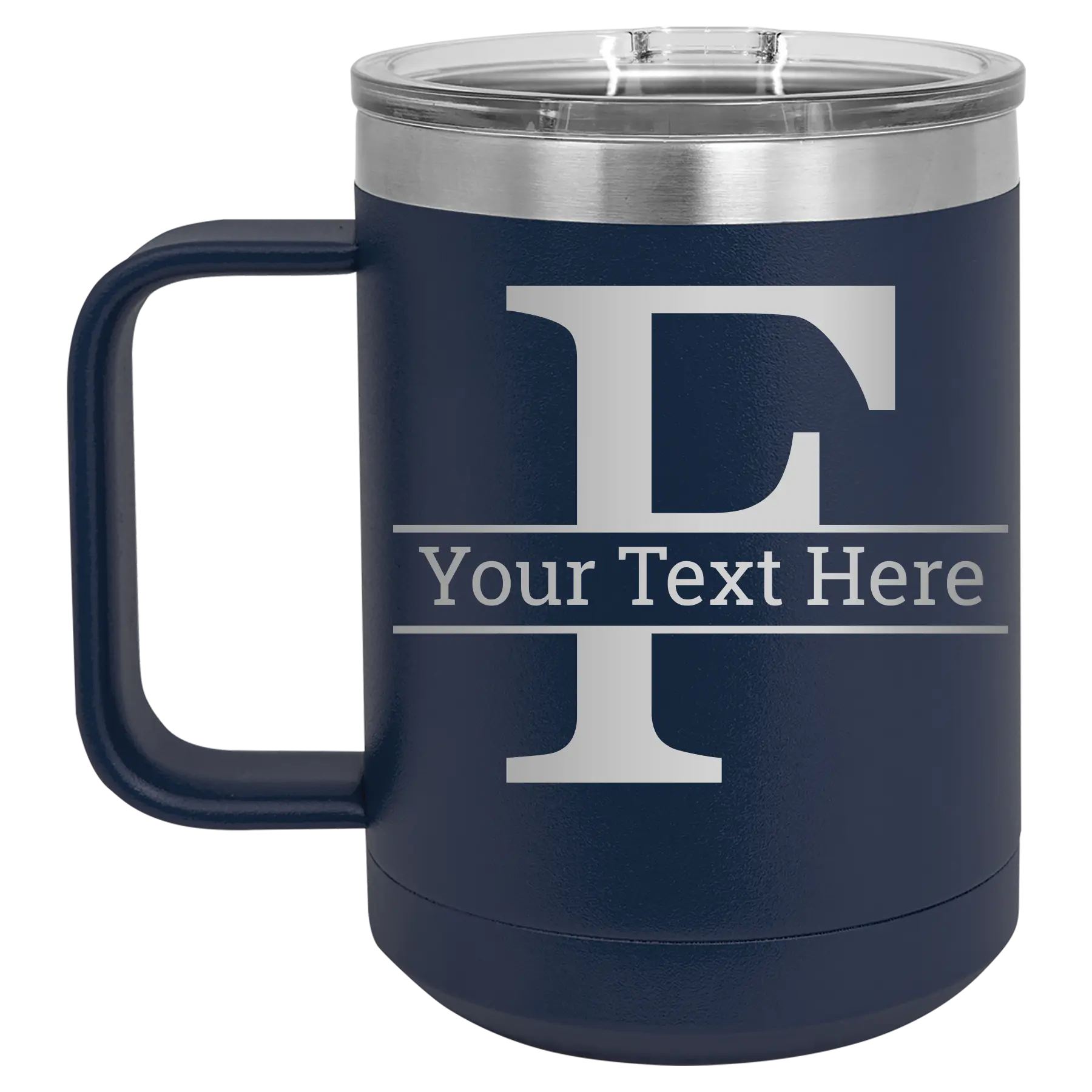 Personalized navy 15 oz vacuum insulated coffee mug with 'Monogram letter F' design