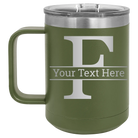 Personalized olive green 15 oz vacuum insulated coffee mug with 'Monogram letter F' design