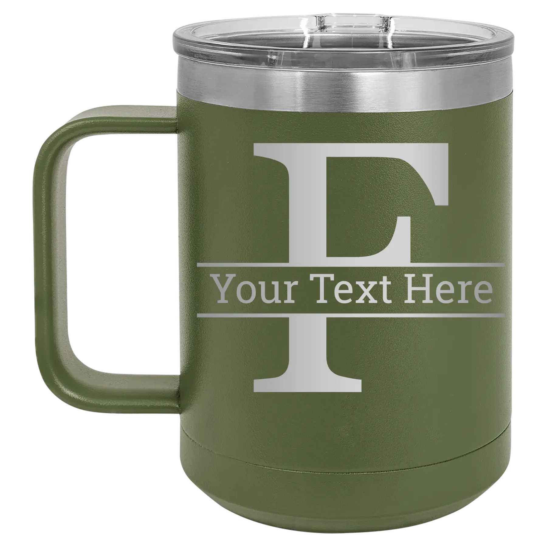 Personalized olive green 15 oz vacuum insulated coffee mug with 'Monogram letter F' design