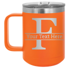 Personalized orange 15 oz vacuum insulated coffee mug with 'Monogram letter F' design