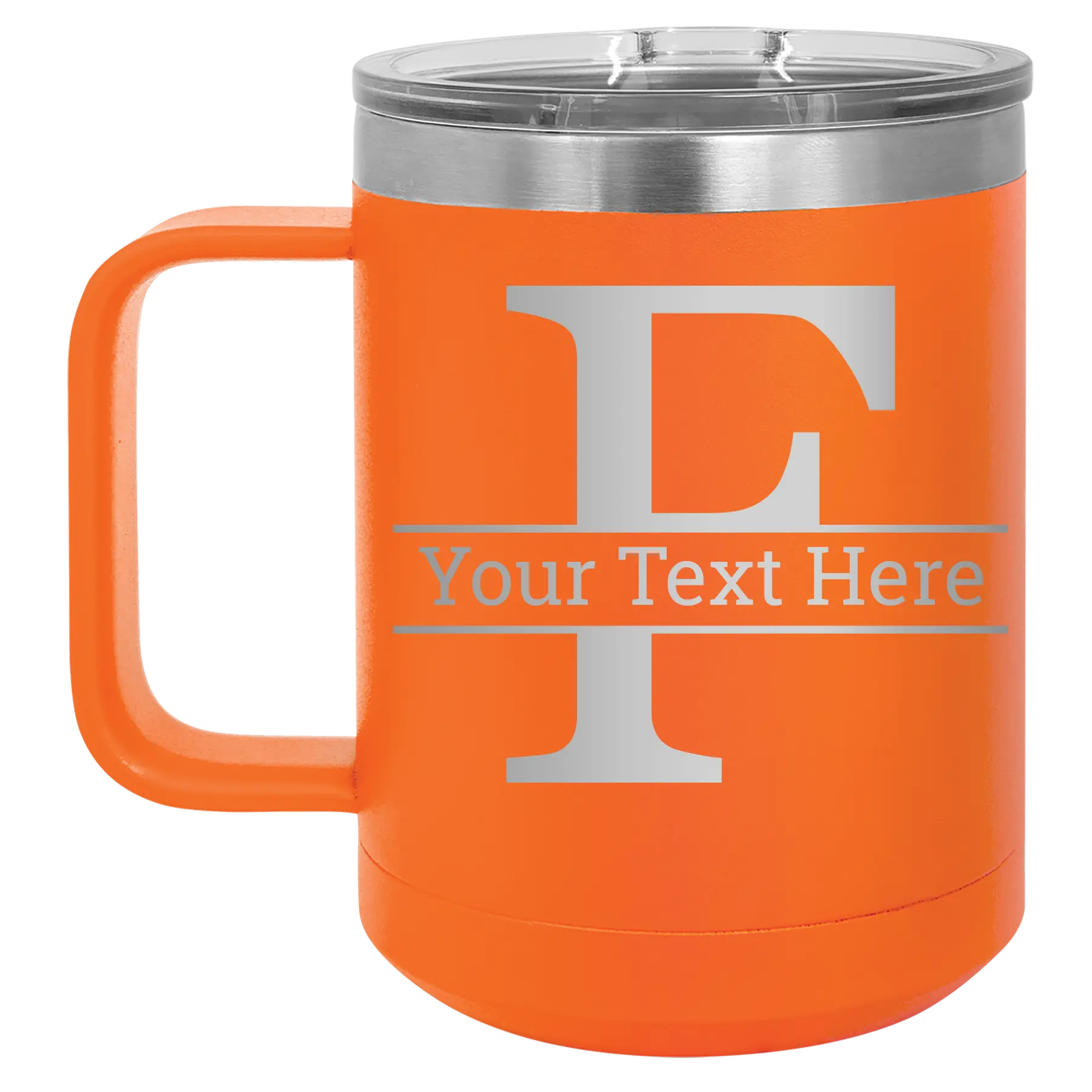 Personalized orange 15 oz vacuum insulated coffee mug with 'Monogram letter F' design