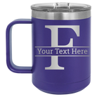 Personalized purple 15 oz vacuum insulated coffee mug with 'Monogram letter F' design
