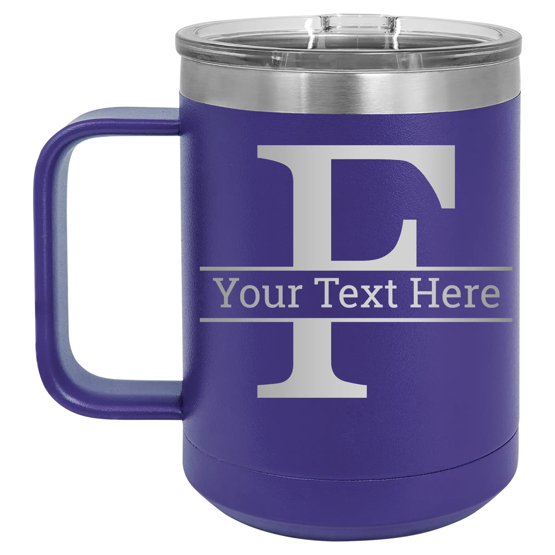 Personalized purple 15 oz vacuum insulated coffee mug with 'Monogram letter F' design