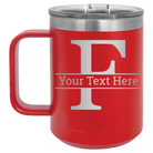 Personalized red 15 oz vacuum insulated coffee mug with 'Monogram letter F' design