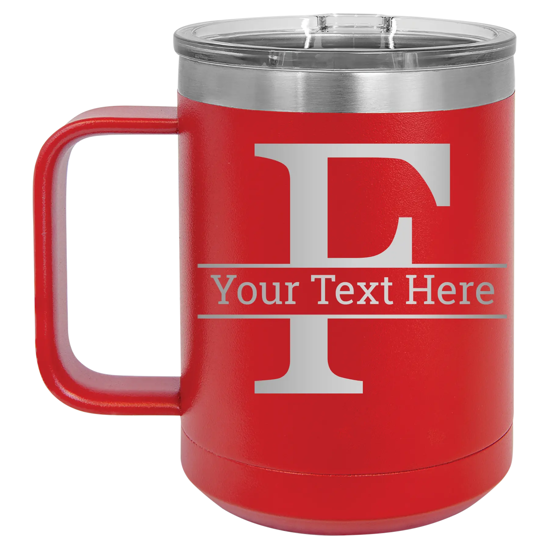 Personalized red 15 oz vacuum insulated coffee mug with 'Monogram letter F' design