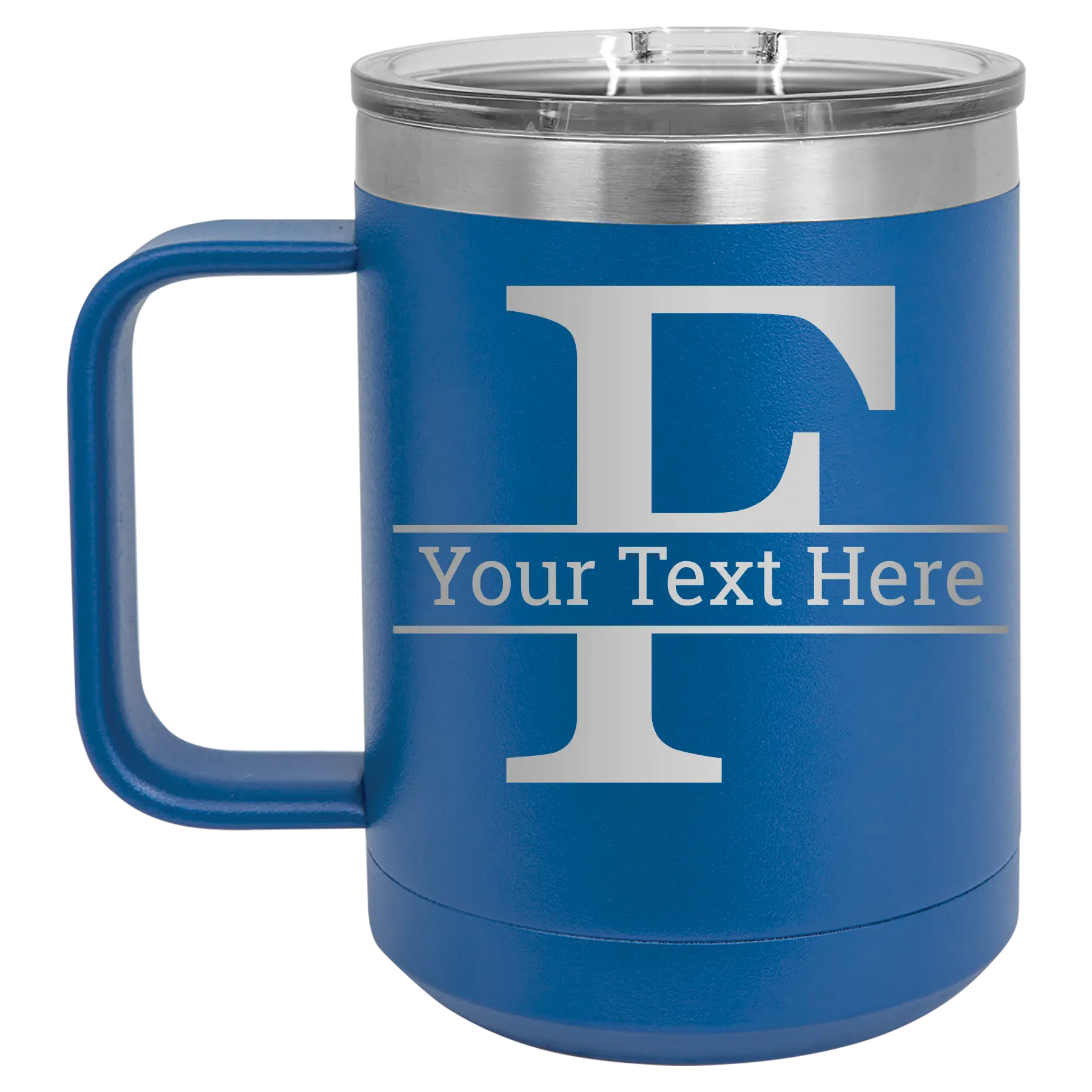 Personalized royal blue 15 oz vacuum insulated coffee mug with 'Monogram letter F' design