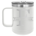 Personalized white 15 oz vacuum insulated coffee mug with 'Monogram letter F' design