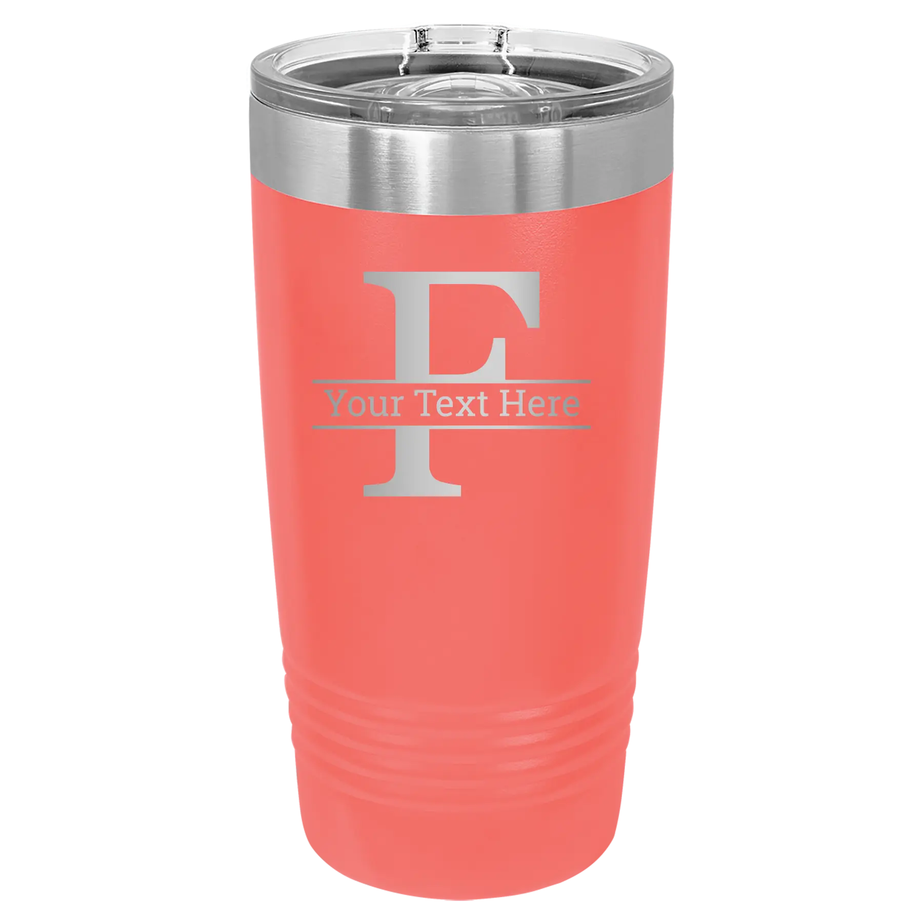 Personalized coral 20 oz vacuum insulated tumbler with 'Monogram letter F' design