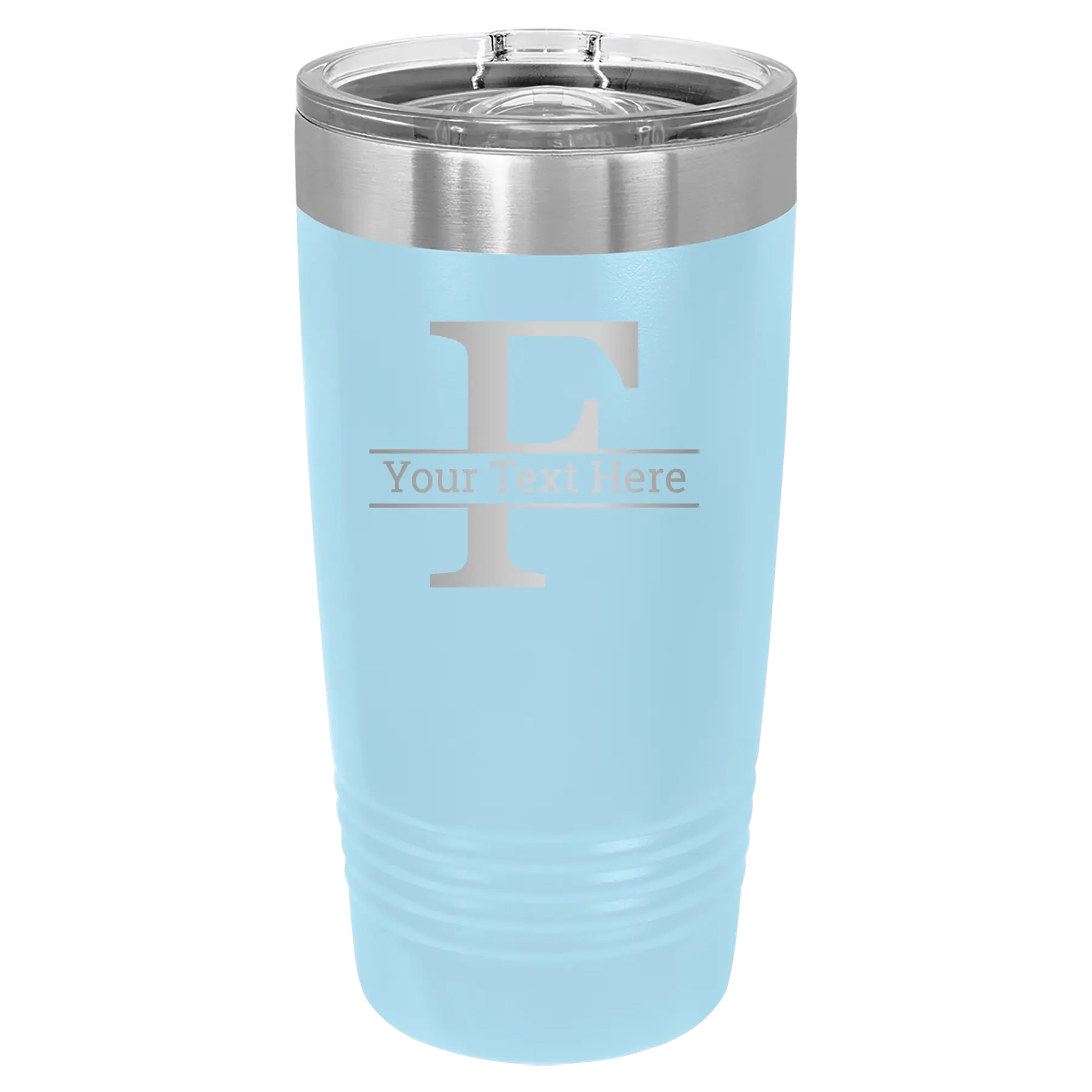 Personalized light blue 20 oz vacuum insulated tumbler with 'Monogram letter F' design