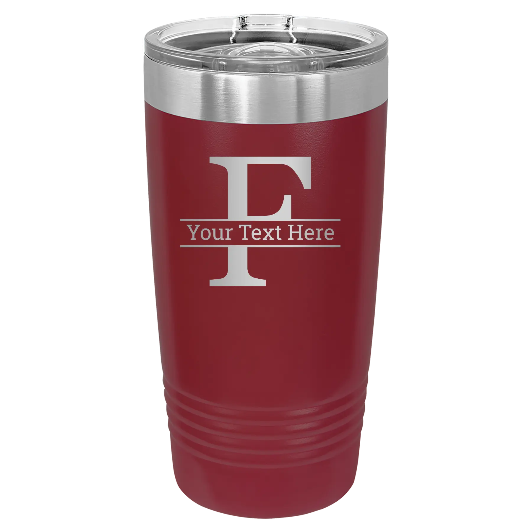 Personalized maroon 20 oz vacuum insulated tumbler with 'Monogram letter F' design