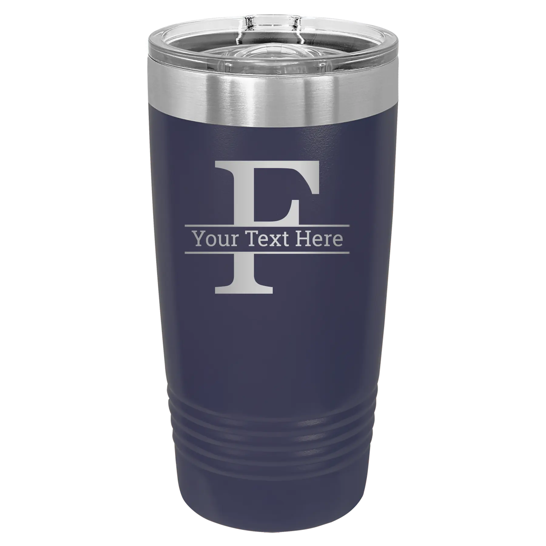 Personalized navy 20 oz vacuum insulated tumbler with 'Monogram letter F' design