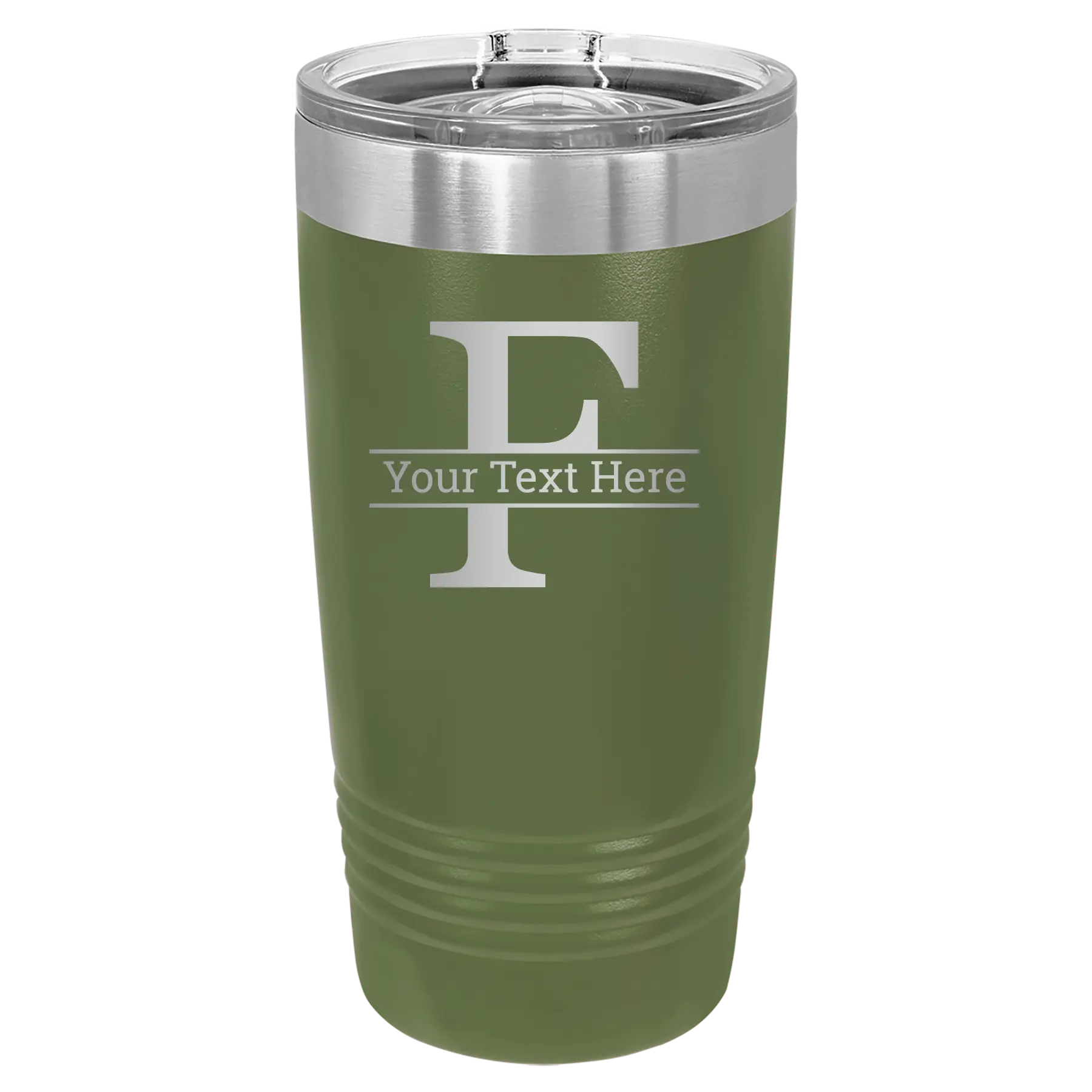 Personalized olive green 20 oz vacuum insulated tumbler with 'Monogram letter F' design