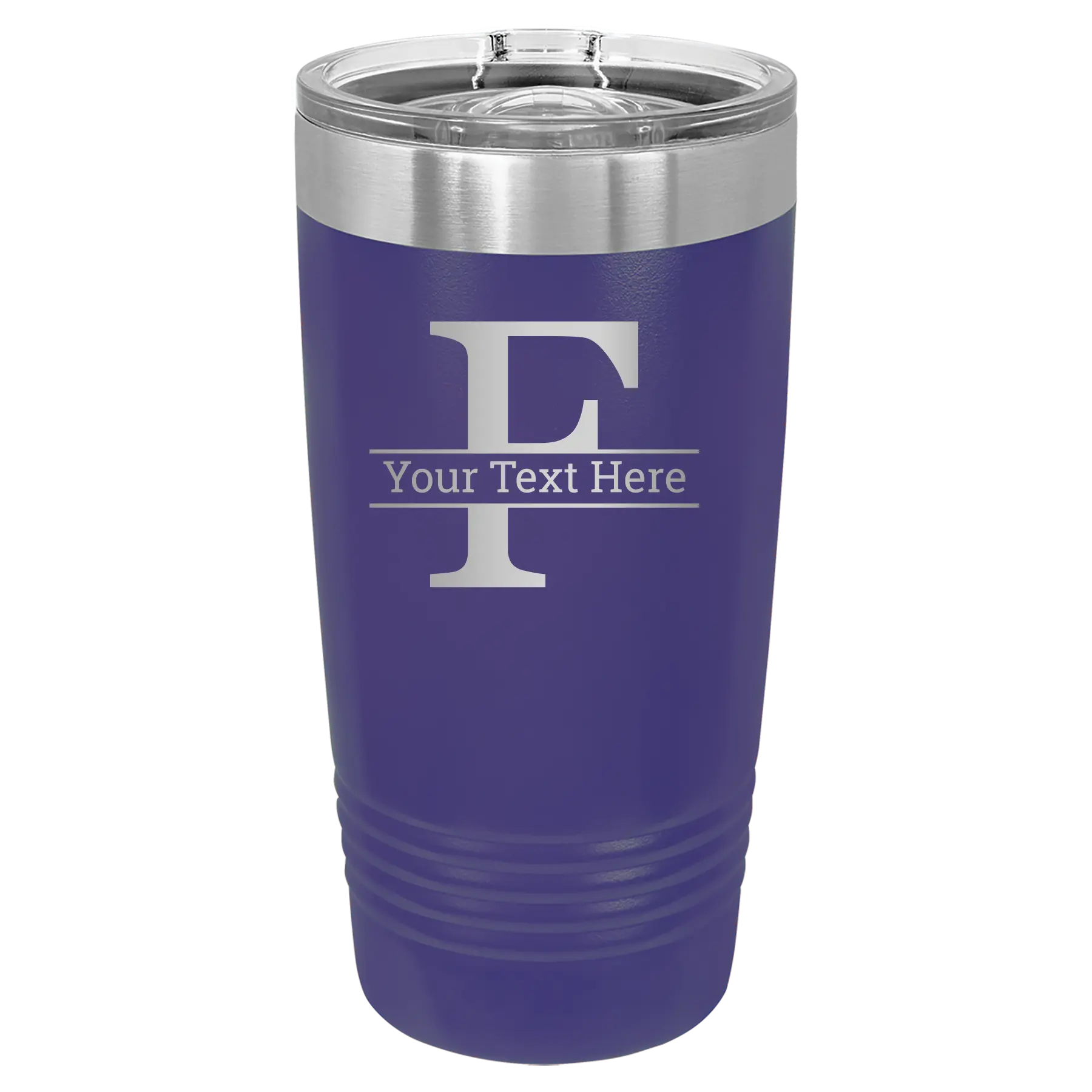 Personalized purple 20 oz vacuum insulated tumbler with 'Monogram letter F' design