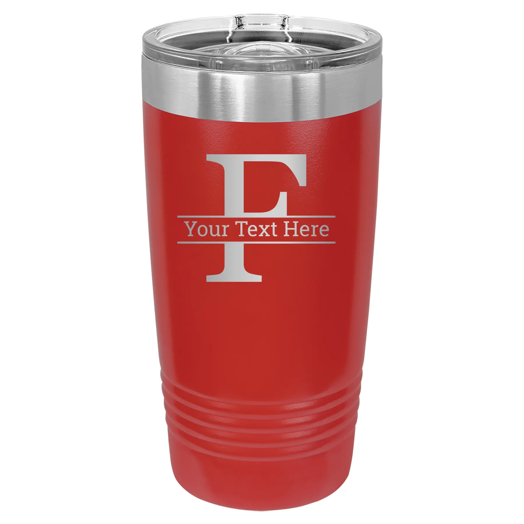 Personalized red 20 oz vacuum insulated tumbler with 'Monogram letter F' design