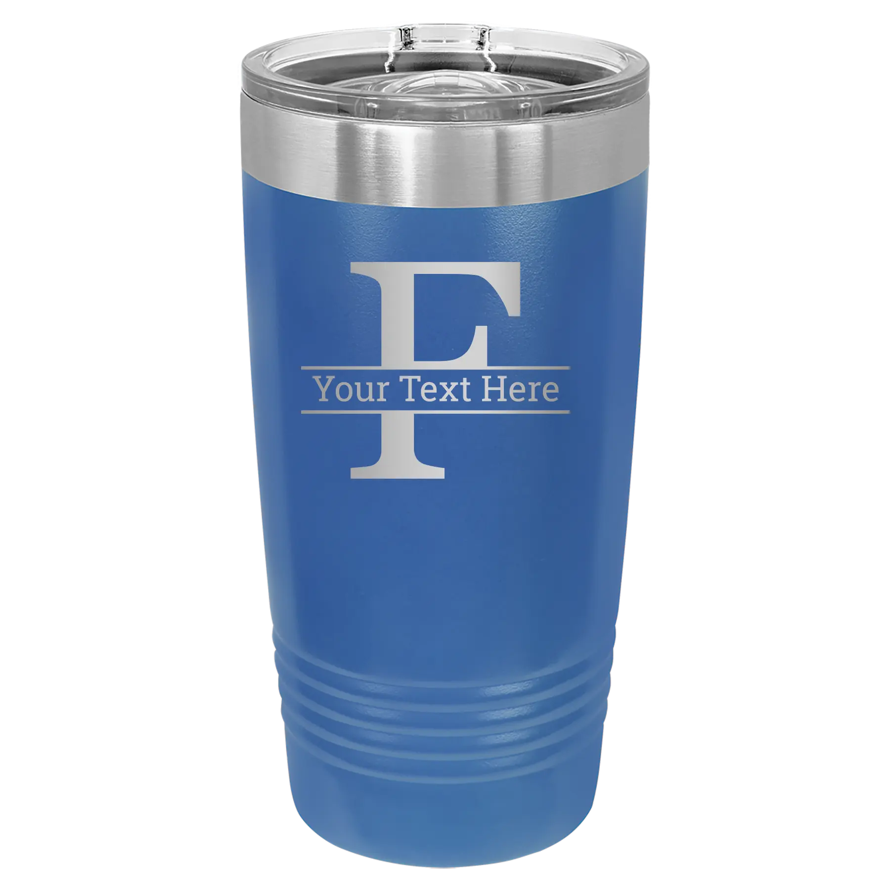 Personalized royal blue 20 oz vacuum insulated tumbler with 'Monogram letter F' design