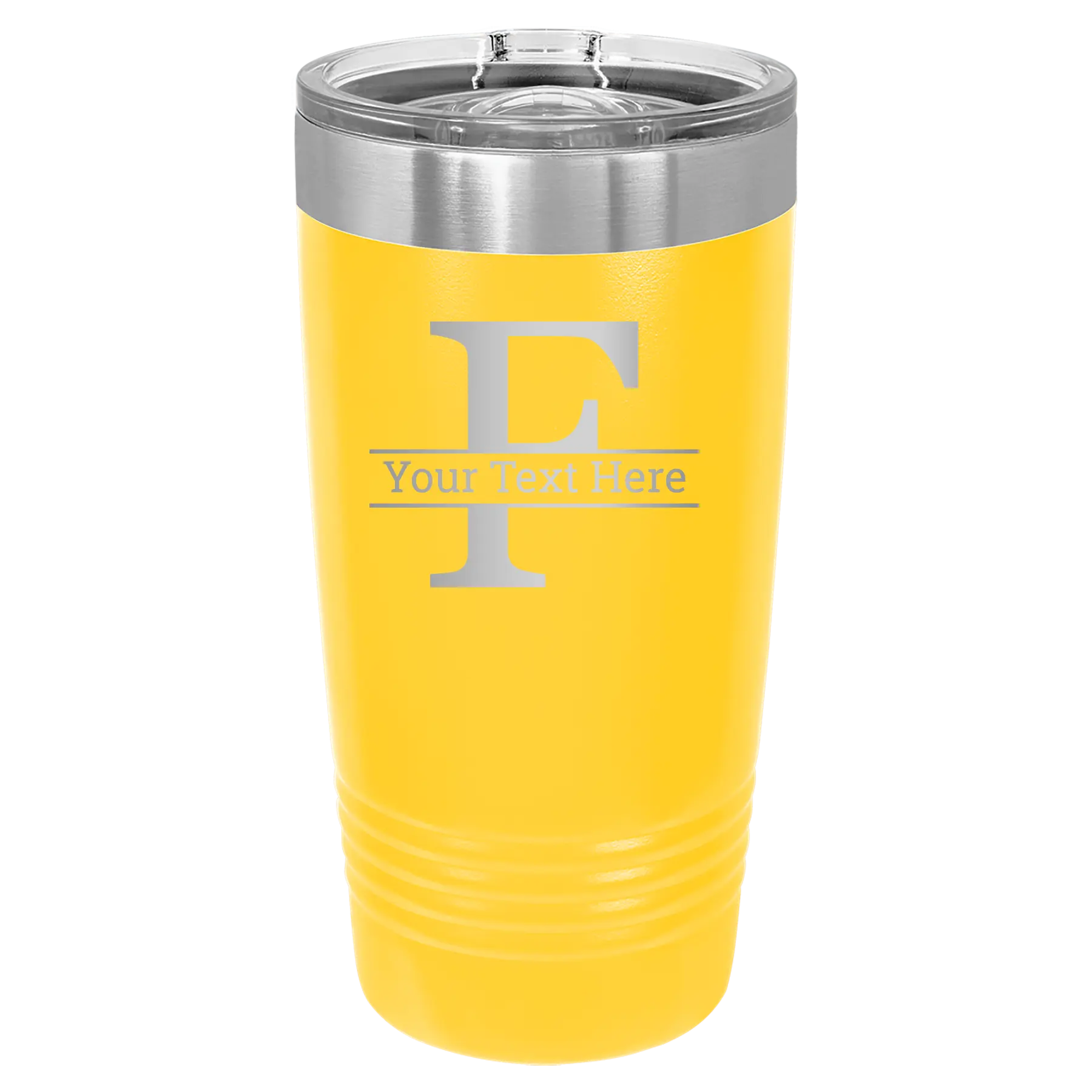 Personalized yellow 20 oz vacuum insulated tumbler with 'Monogram letter F' design