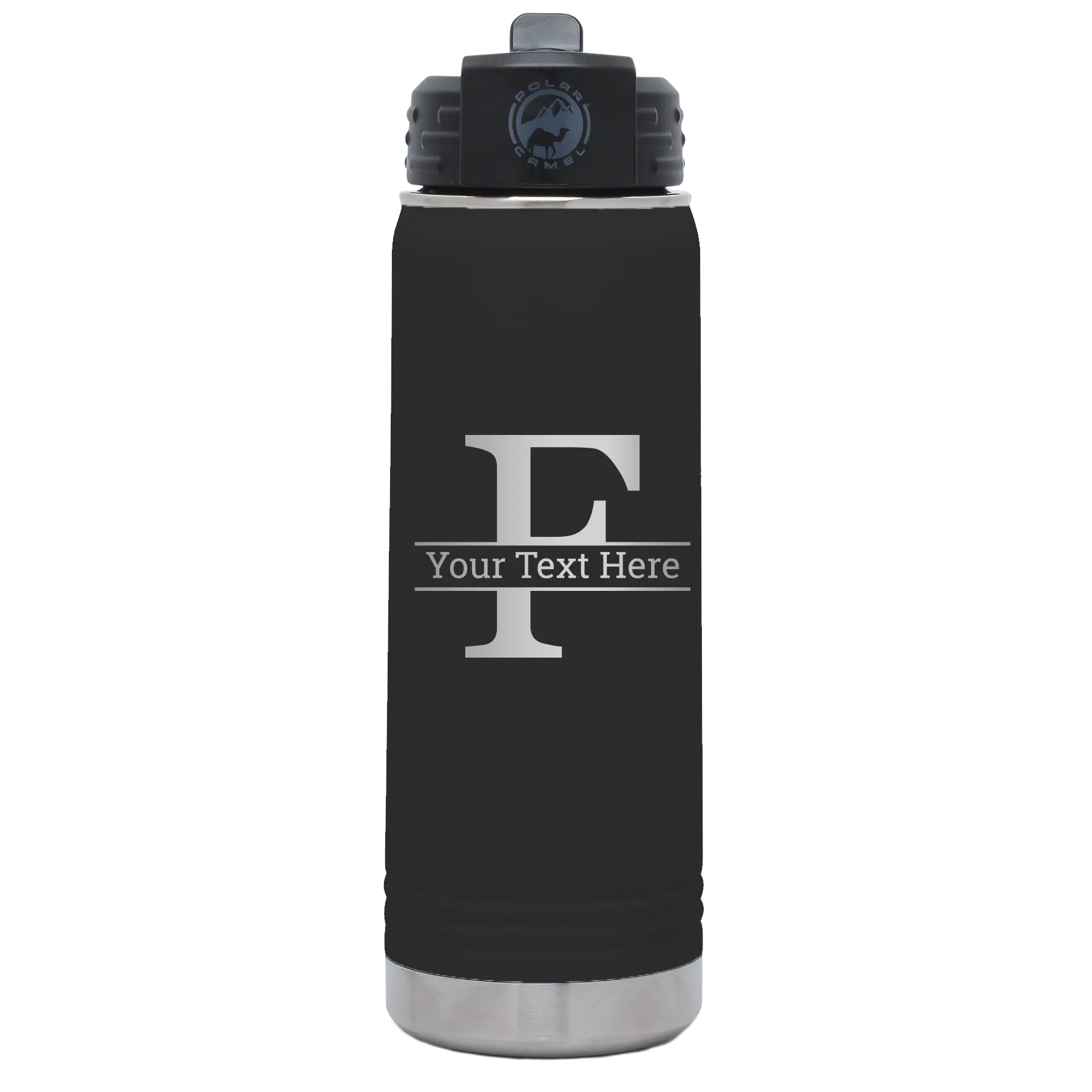 Personalized black 20 oz vacuum insulated water bottle with 'Monogram letter F' design