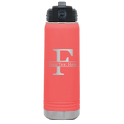 Personalized coral 20 oz vacuum insulated water bottle with 'Monogram letter F' design