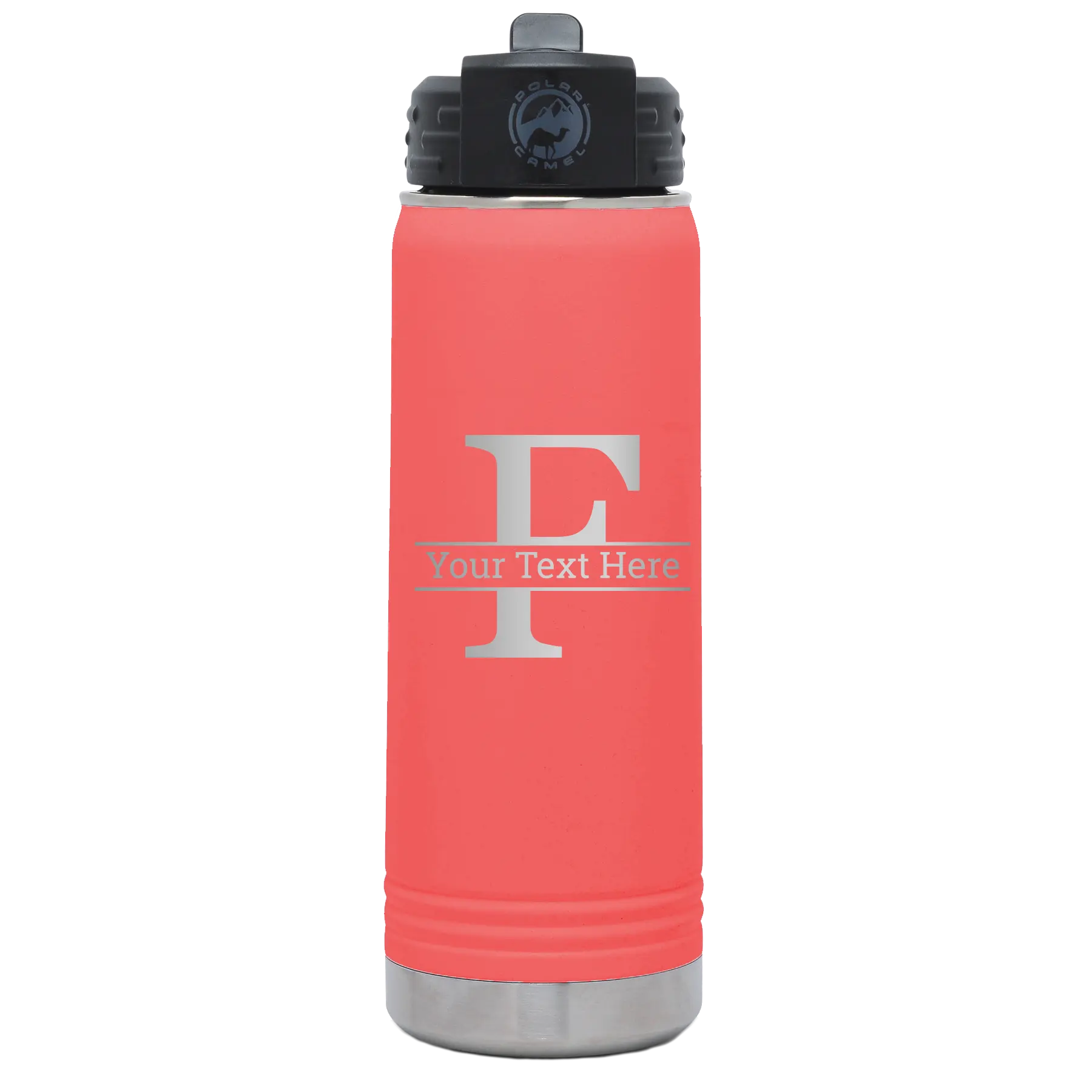 Personalized coral 20 oz vacuum insulated water bottle with 'Monogram letter F' design