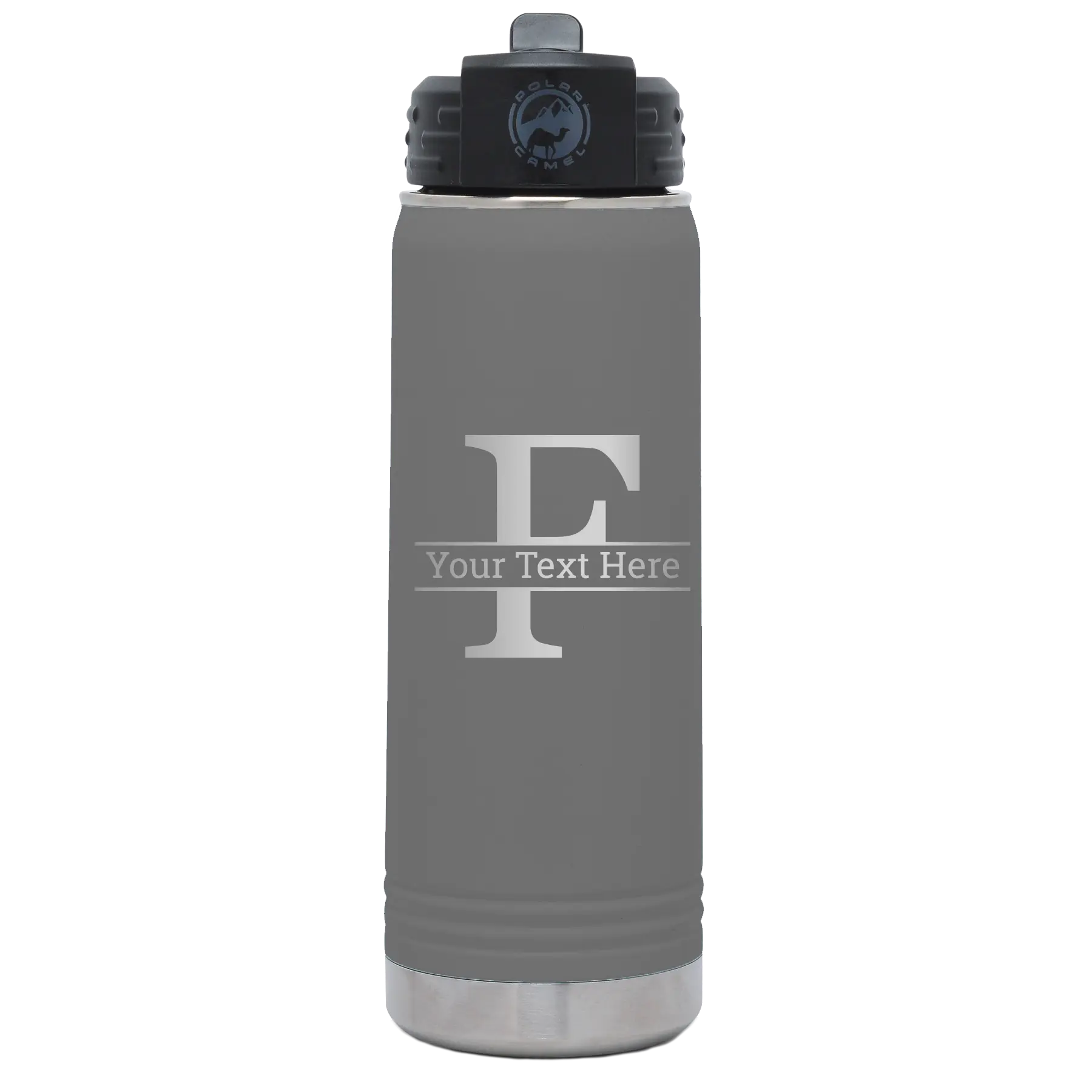 Personalized dark gray 20 oz vacuum insulated water bottle with 'Monogram letter F' design