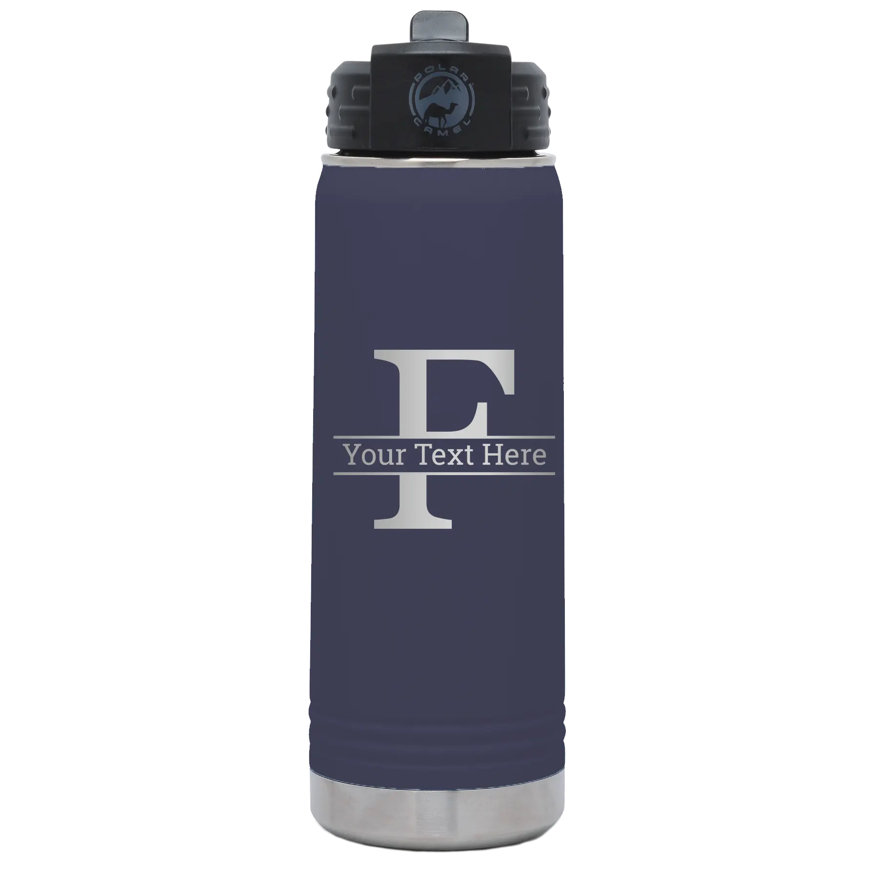Personalized navy 20 oz vacuum insulated water bottle with 'Monogram letter F' design
