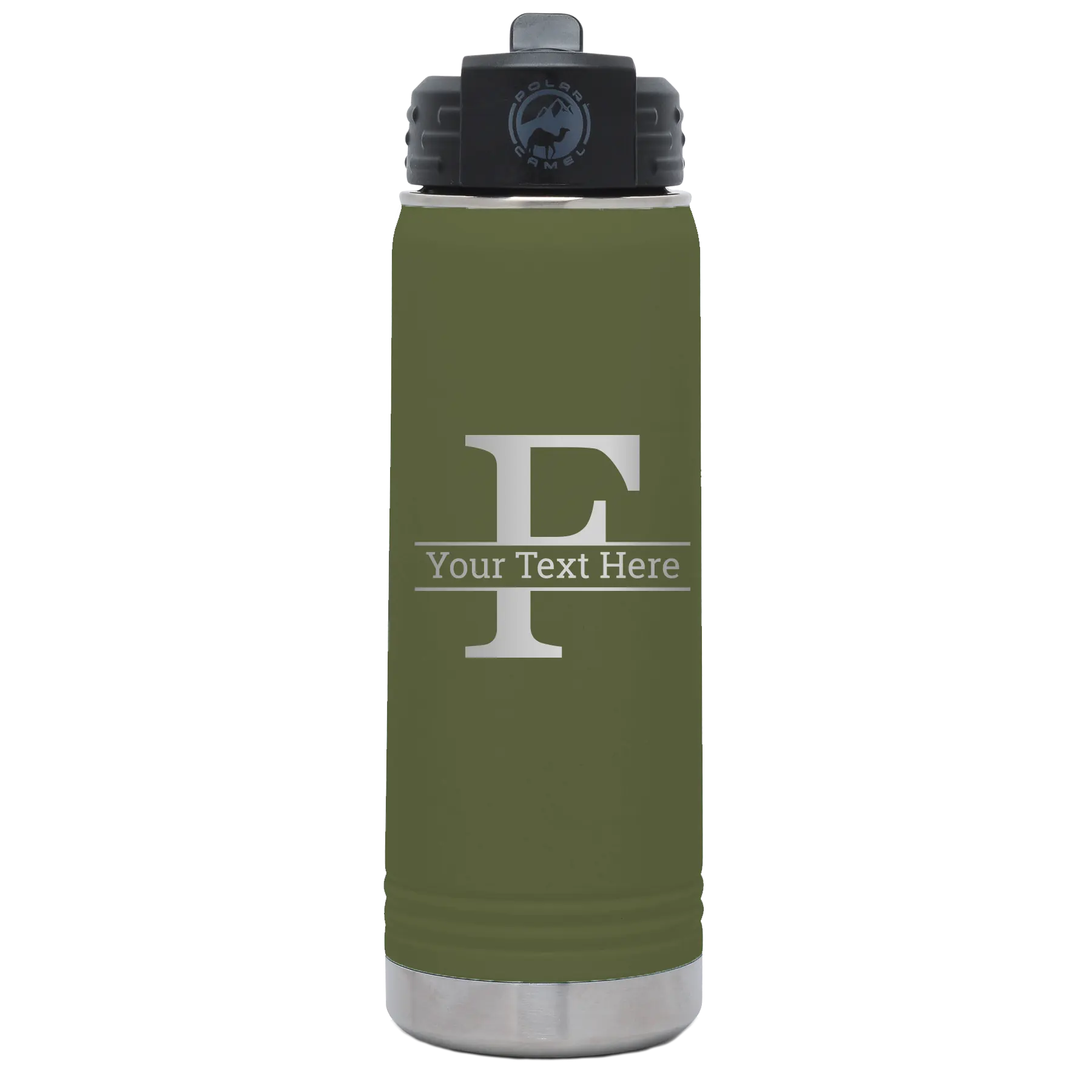 Personalized olive green 20 oz vacuum insulated water bottle with 'Monogram letter F' design