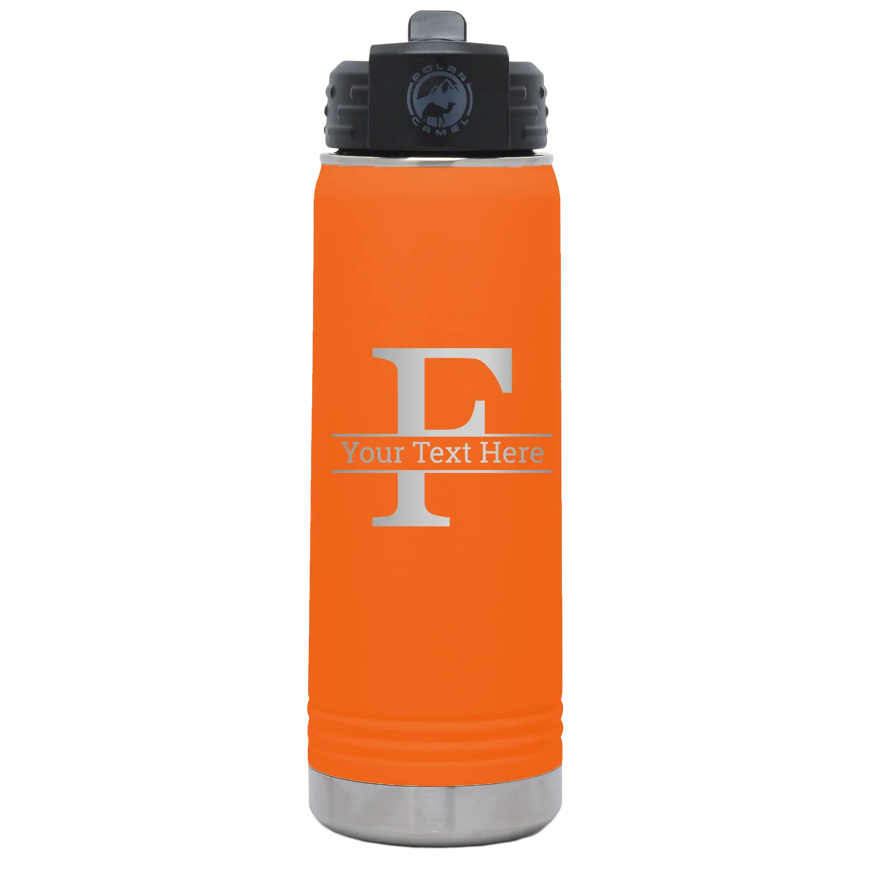 Personalized orange 20 oz vacuum insulated water bottle with 'Monogram letter F' design