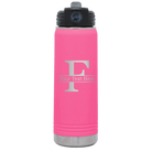 Personalized pink 20 oz vacuum insulated water bottle with 'Monogram letter F' design