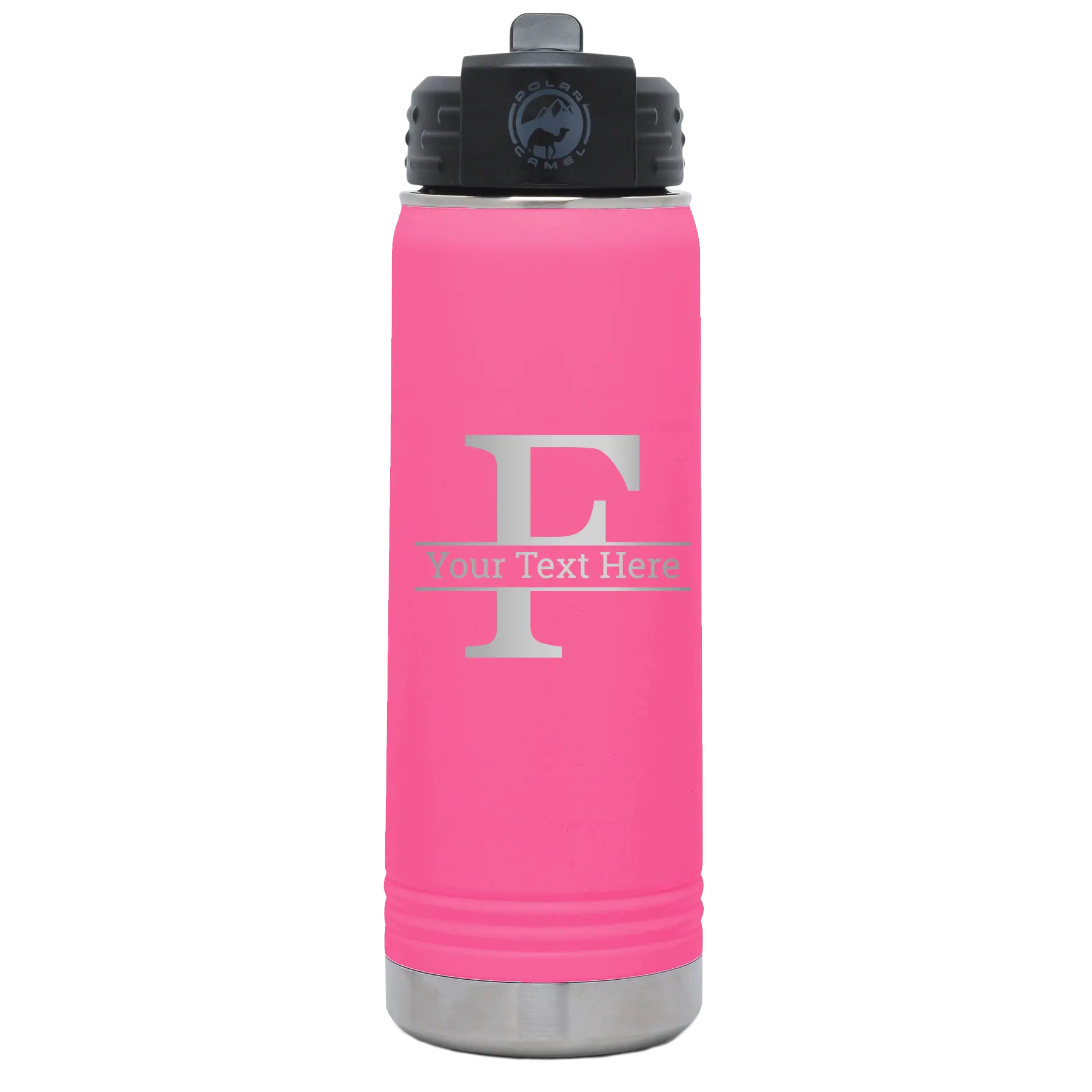 Personalized pink 20 oz vacuum insulated water bottle with 'Monogram letter F' design